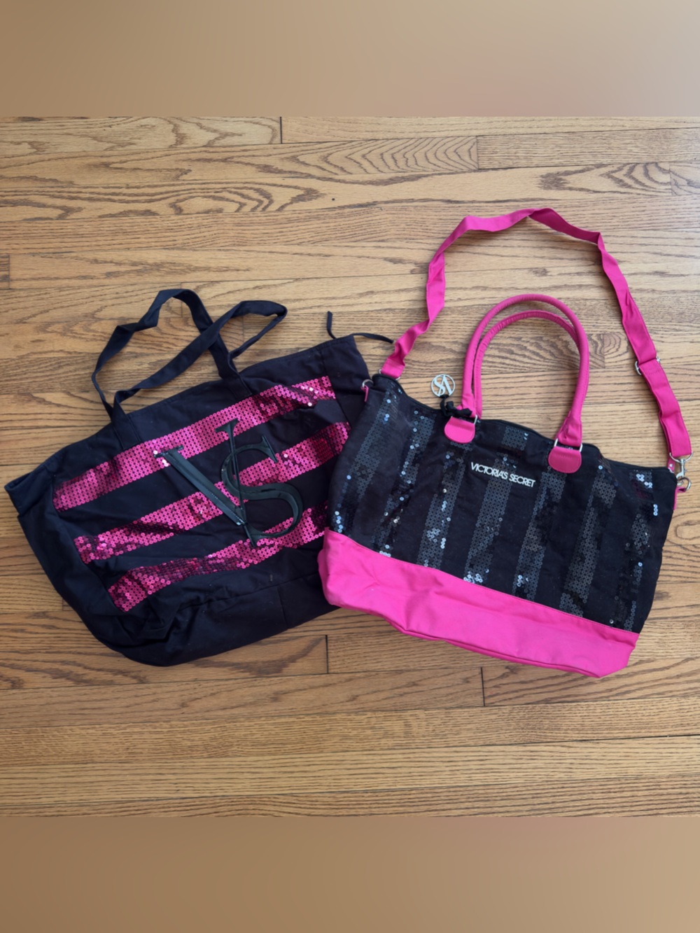 Victoria's Secret Black & Hot Pink Sequin Tote Bag Bundle of 2 Duffle Weekender